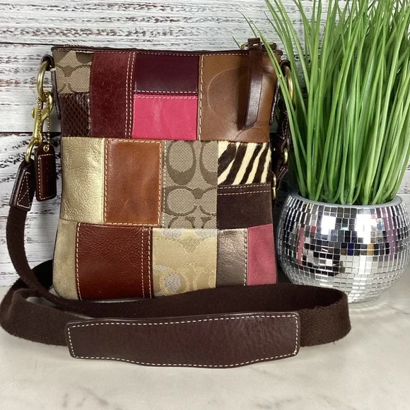 Coach Patchwork Leather Crossbody Bag in Brown, Pink, and Gold Fall Shoulder Pur - Picture 1 of 14